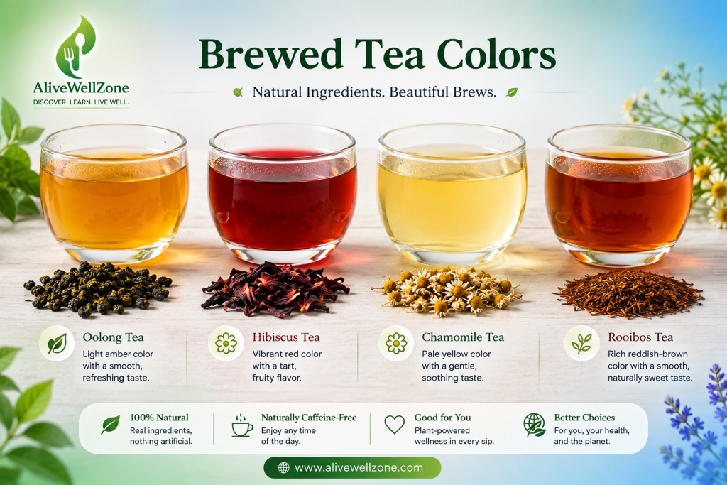 Brewed colors of oolong, hibiscus, chamomile, and rooibos tea side by side
